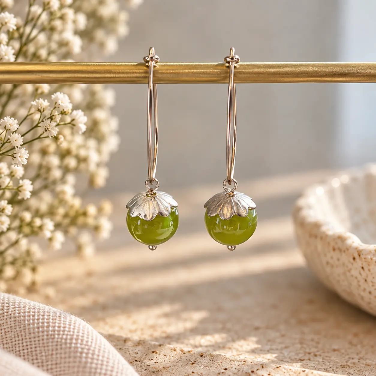 MarLou Olive Bloom MarLou Olive Bloom - Sølvøreringe med olivengrønne jader - Billede 1